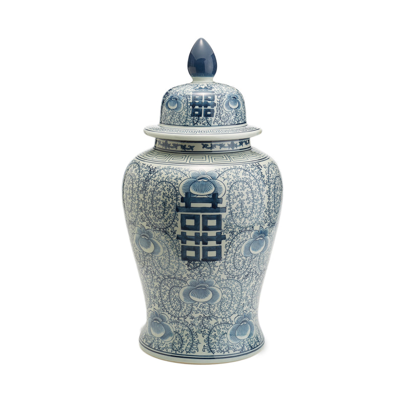 White and blue porcelain temple jar with domed lid and Double Happiness motif