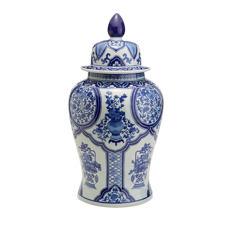 Large porcelain temple jar with blue-and-white floral collage and lidded top