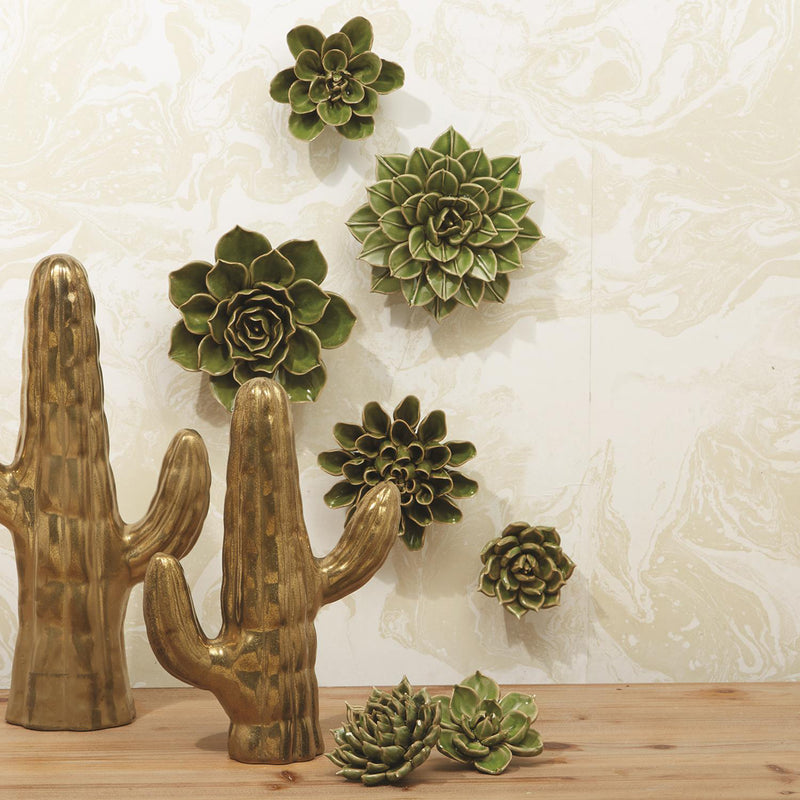 Set of seven green porcelain succulent wall sculptures with cactus forms