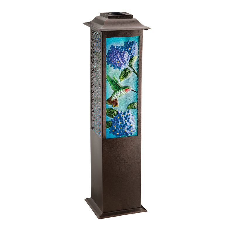 Brown solar garden lantern with hummingbird mosaic panels and handle top