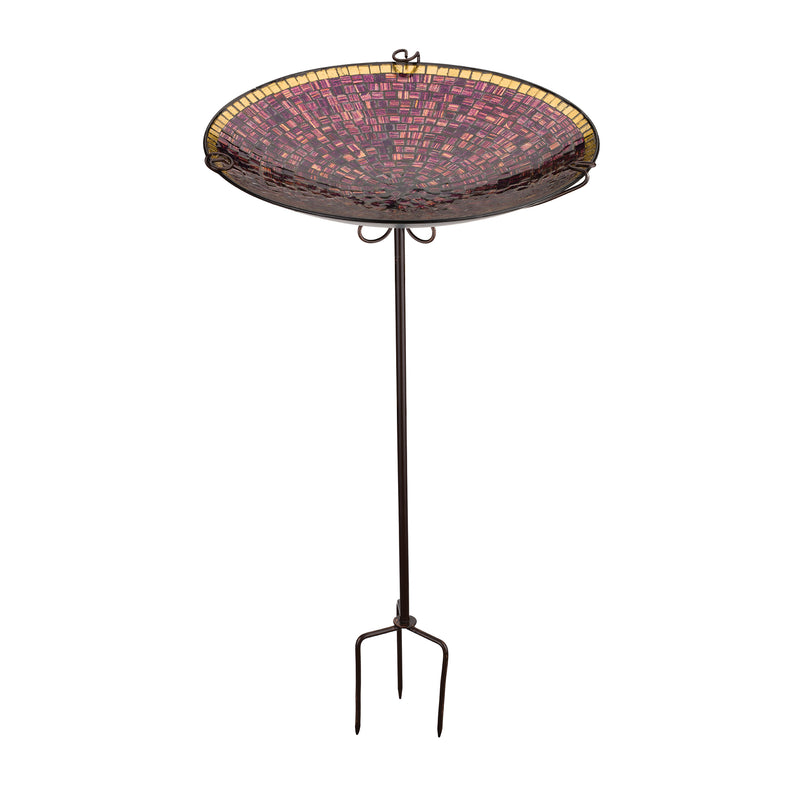 Purple glass tile birdbath/feeder stake with round mosaic bowl and two-prong ground stake