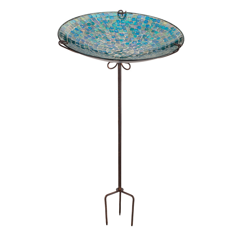 Blue mosaic glass birdbath with round tray and metal garden stake