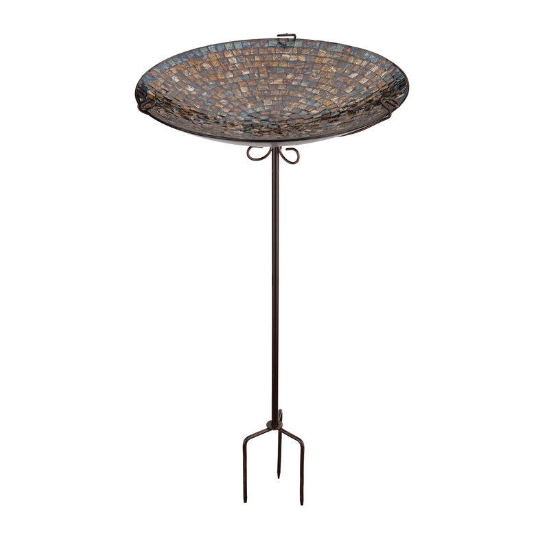 Iridescent blue glass tile birdbath feeder stake with circular mosaic bowl and ground prongs