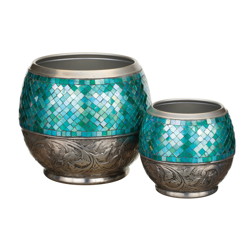 Set of 2 teal mosaic outdoor planters with bronze embossed bases