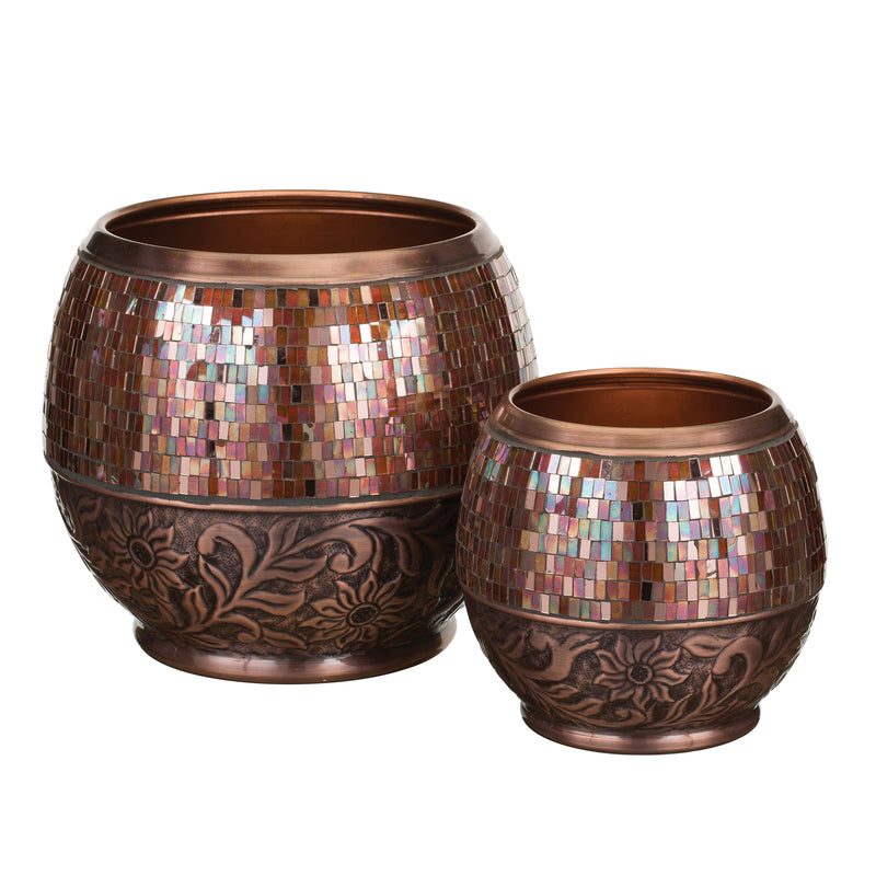 Set of 2 bronze mosaic outdoor garden planters with jewel tile pattern and floral base