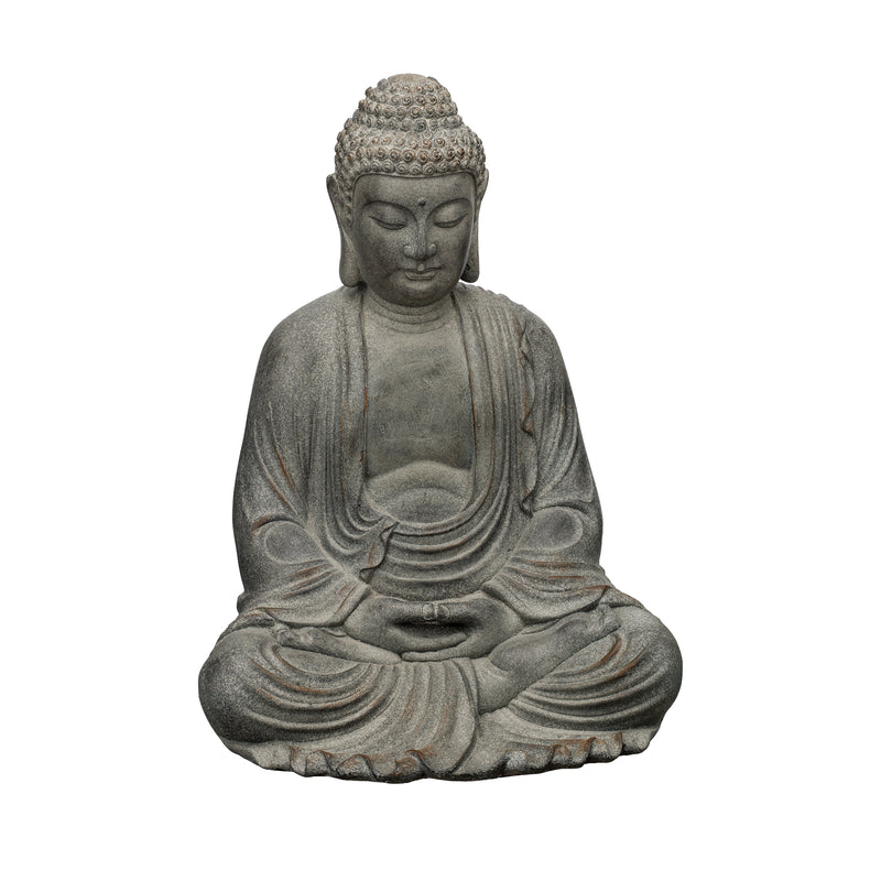 Seated Buddha decorative garden statue, gray stone-look finish with hands in lap.