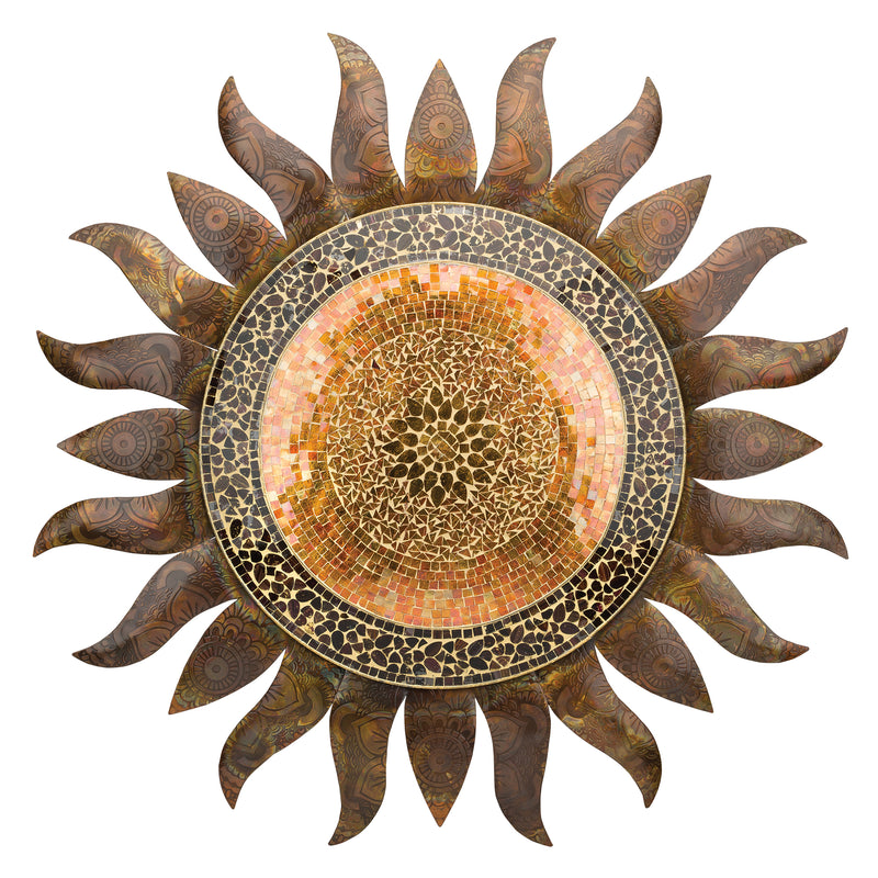Sunburst mosaic wall decor with gold, orange center and curved pointed rays