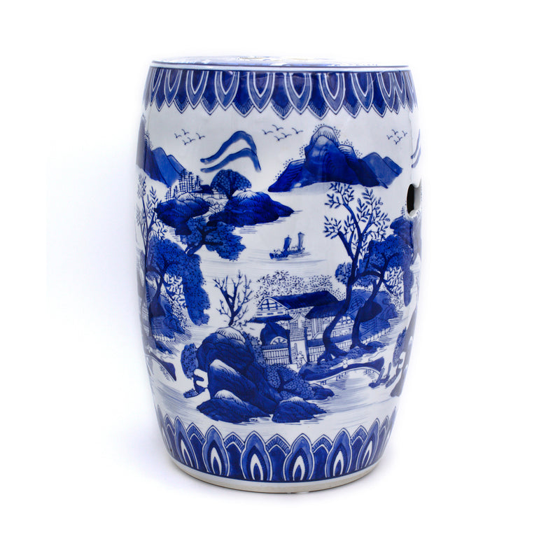 Porcelain landscape stool with blue handpainted garden scene, round top