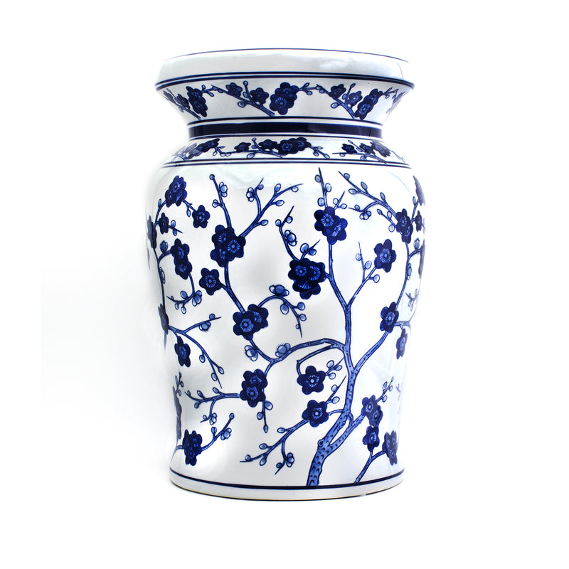 Porcelain stool with handpainted blue cherry blossom tree and floral pattern