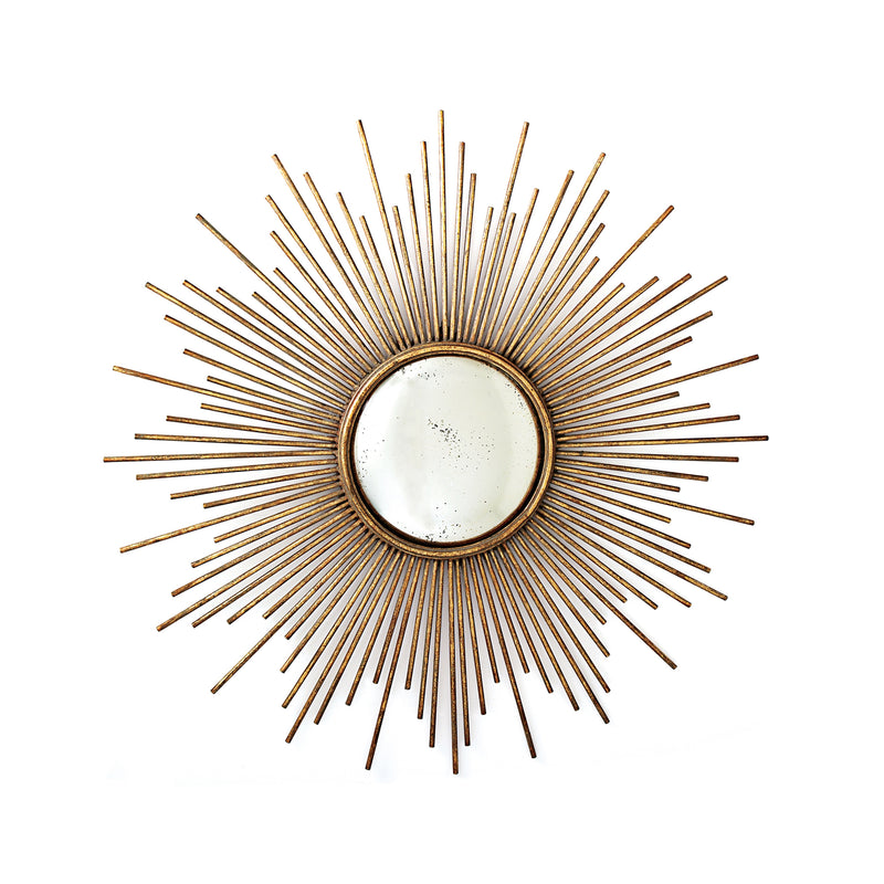 Sunburst glass wall mirror with round center and gold-tone metal rays