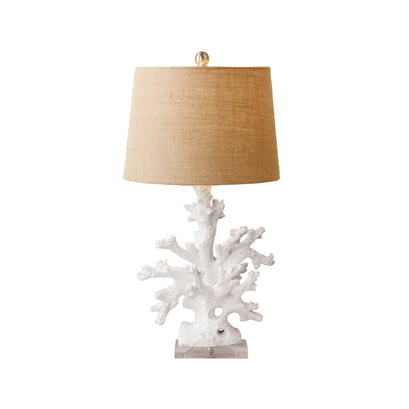 Table lamp with burlap shade and coral-style white base