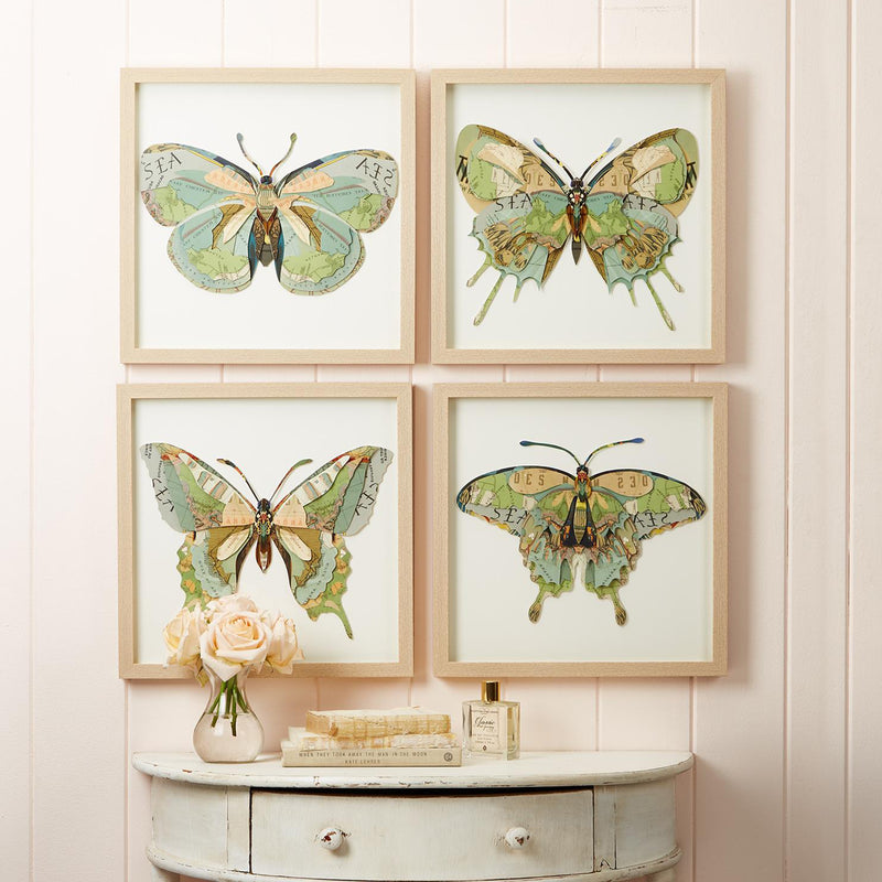 Set of 4 framed butterfly paper collage wall art prints