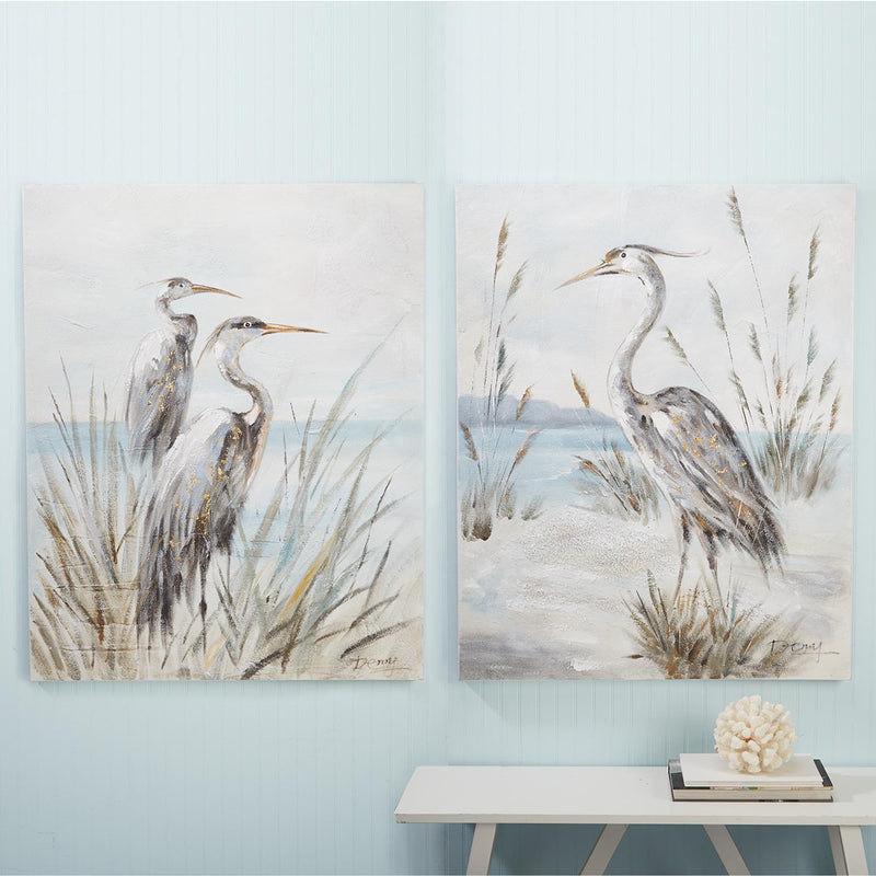 Set of 2 shore bird canvas paintings with gray-and-white birds in beach grass reeds