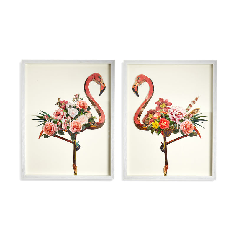 Set of 2 framed paper collage wall art with pink flamingos and floral bouquets