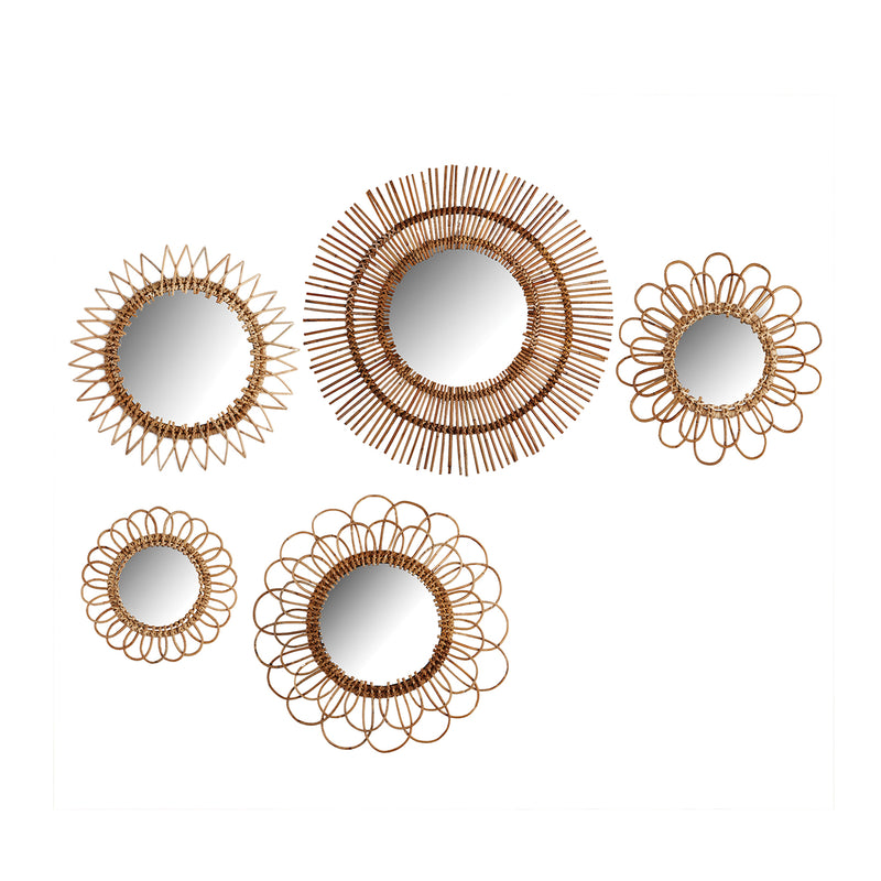 Set of 5 natural rattan wall mirrors with woven round frames, five different spoked designs