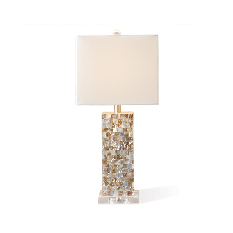 Mother-of-Pearl table lamp with beige fabric shade and faceted mother-of-pearl base