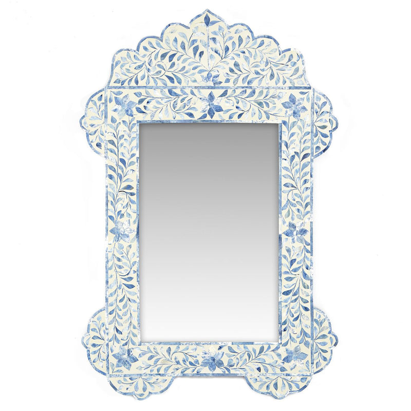 Bone inlay wall mirror with blue floral patterned frame around a clear glass panel