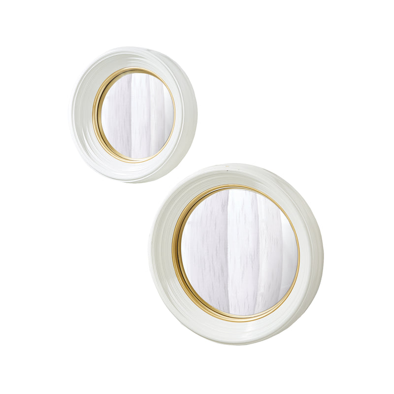 Set of 2 round convex mirrors with white lacquer frames and gold inner rings