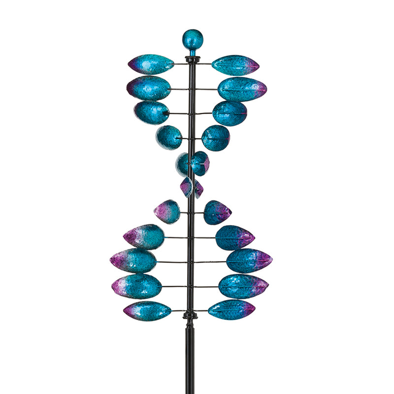 Vertical garden wind spinner with teal and purple oval metal blades on a black pole