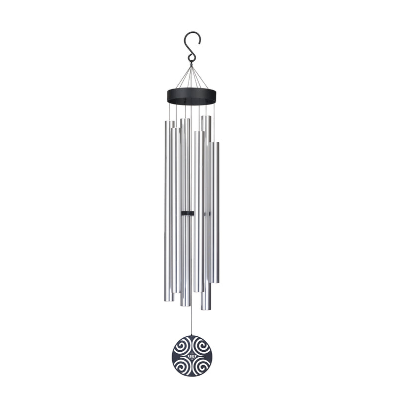 Double wind chime with black cap, silver metal tubes, and round decorative disc