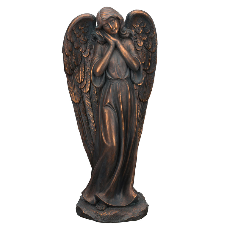Outdoor angel statue in antique copper finish, detailed wings and folded hands.