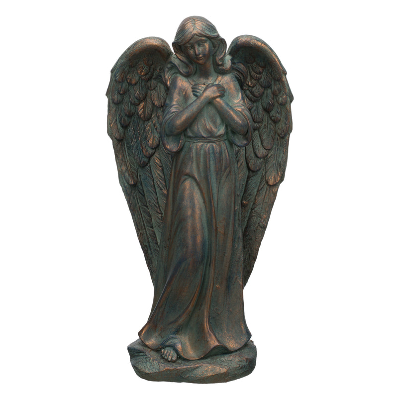 Outdoor angel statue with patina finish, wings spread, hands clasped, standing on base