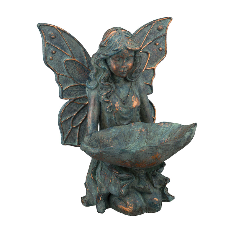 Outdoor fairy bird feeder statue with teal patina, large wings, holding shallow bowl
