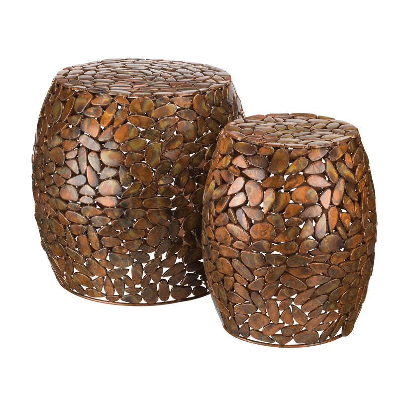 Set of 2 garden stools with copper pebble mosaic tops, round metal frames