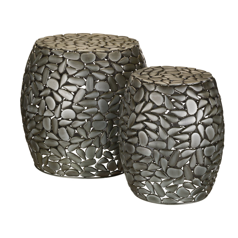 Set of 2 pewter pebble-pattern garden stools with round tops and textured sides