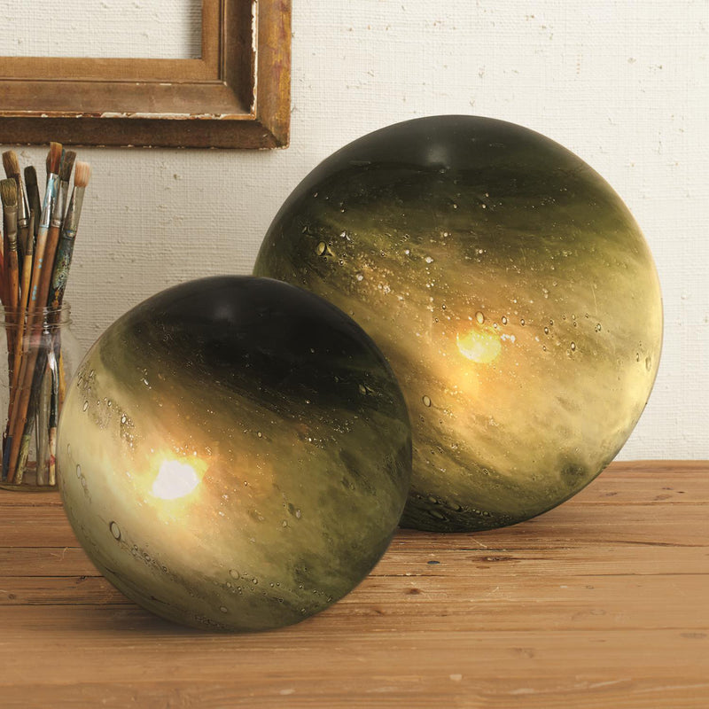Set of two green galaxy table lamps with rounded globe shades, speckled gold light dots