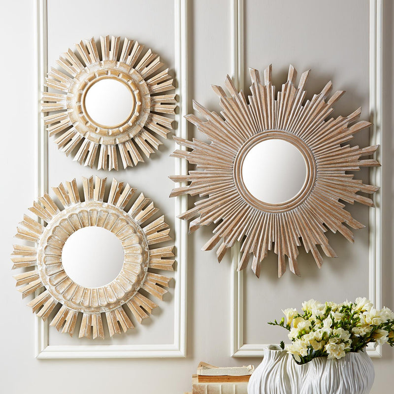 Set of 3 wooden sun mirrors with round glass center and carved sunburst frames