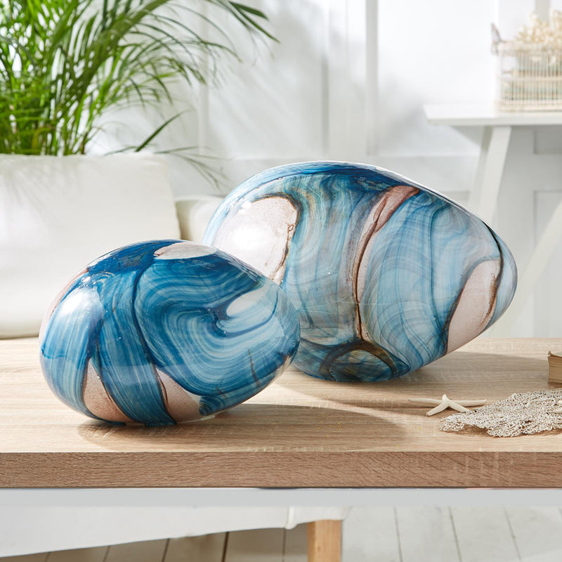 Set of two blue watercolor free-form lamps with organic oval glass shades
