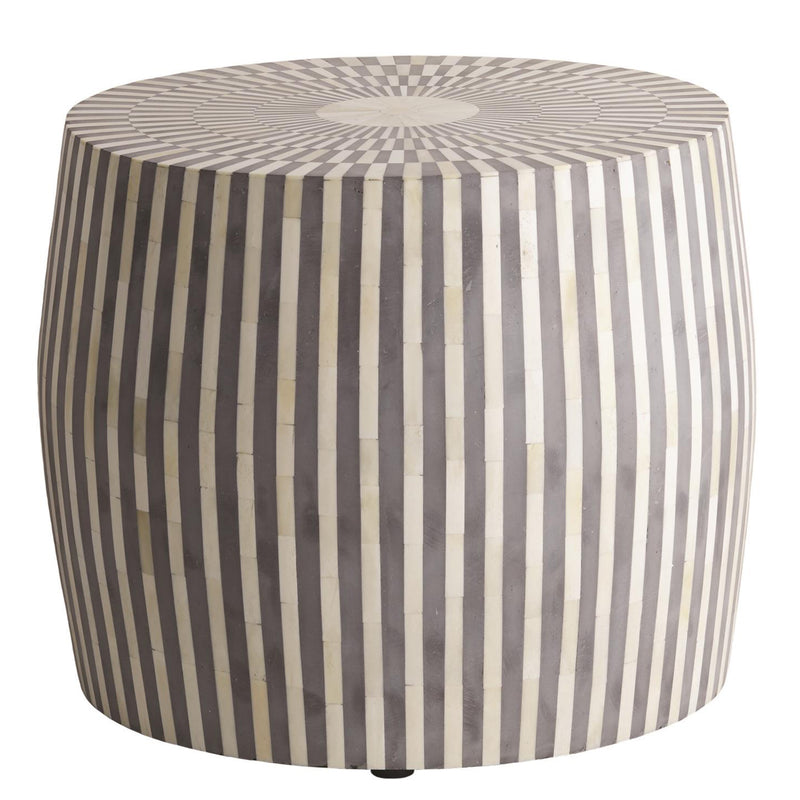 Drum-shaped gray-and-white striped side table stool with rounded top and base