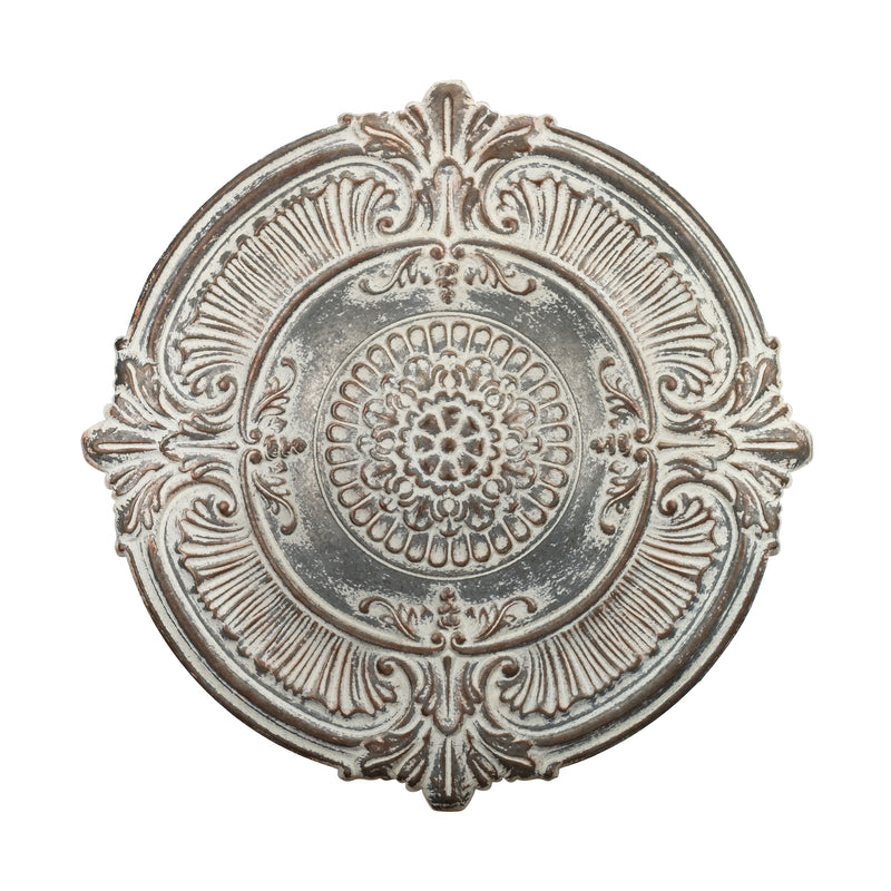 Round white and silver medallion metal outdoor wall decor with ornate floral center