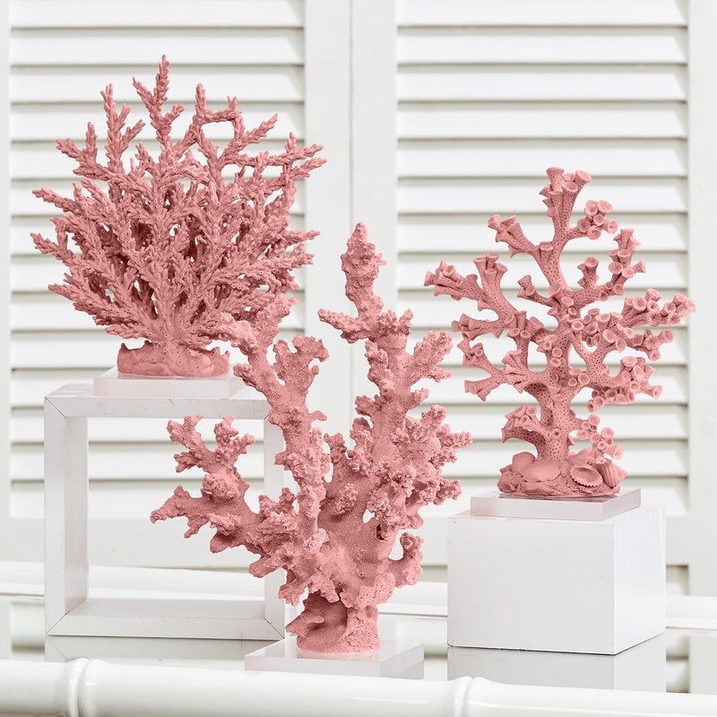 Set of 3 pink coral sculptures on acrylic bases with branching textured forms