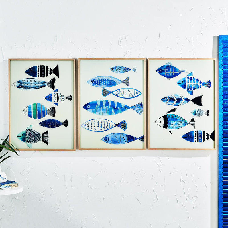 Set of 3 framed blue fish wall art prints with varied fish designs