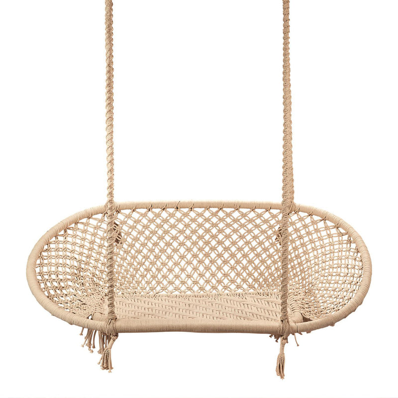 Macrame hanging loveseat chair with woven seat and curved round base, natural beige
