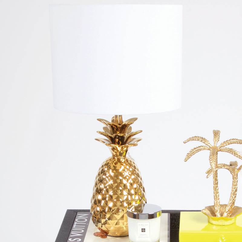 Gold glass pineapple table lamp with white fabric shade