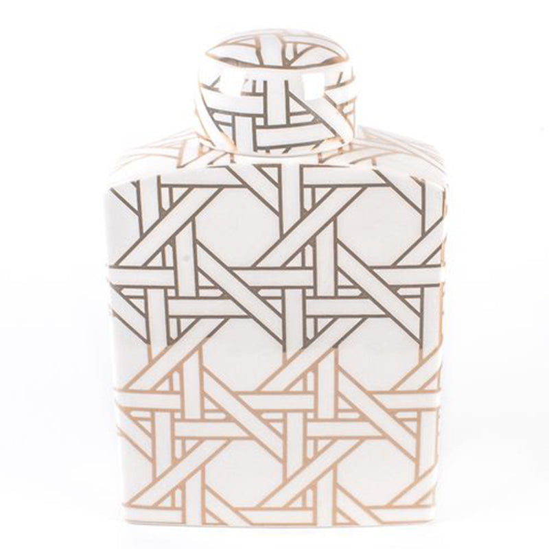Large ceramic ginger jar with gold geometric pattern and matching lid