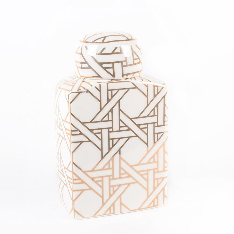 Small gold ceramic ginger jar with geometric lattice pattern and matching lid