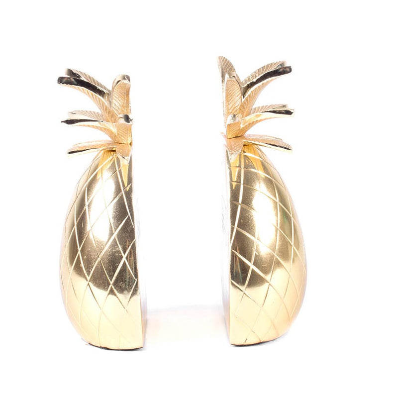 Set of 2 gold pineapple bookends with textured lattice and leaf tops