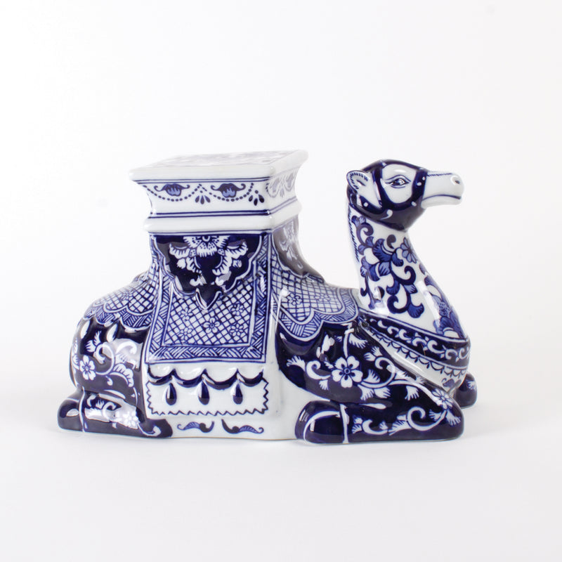 Blue and white porcelain camel figurine with chinoiserie patterns and raised neck
