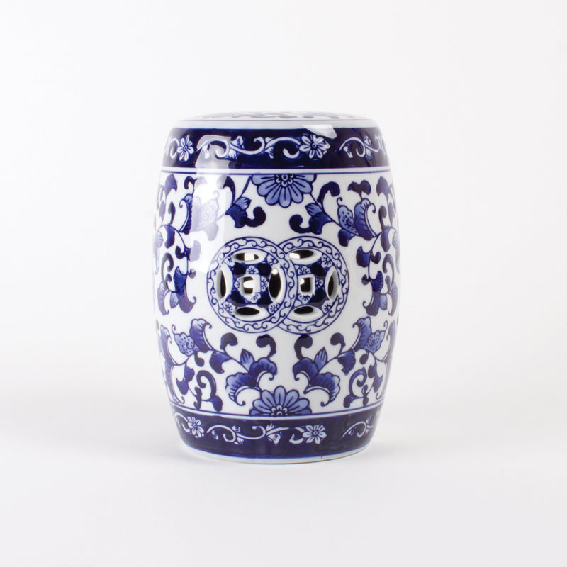 Blue and white porcelain mini garden stool with chinoiserie pattern