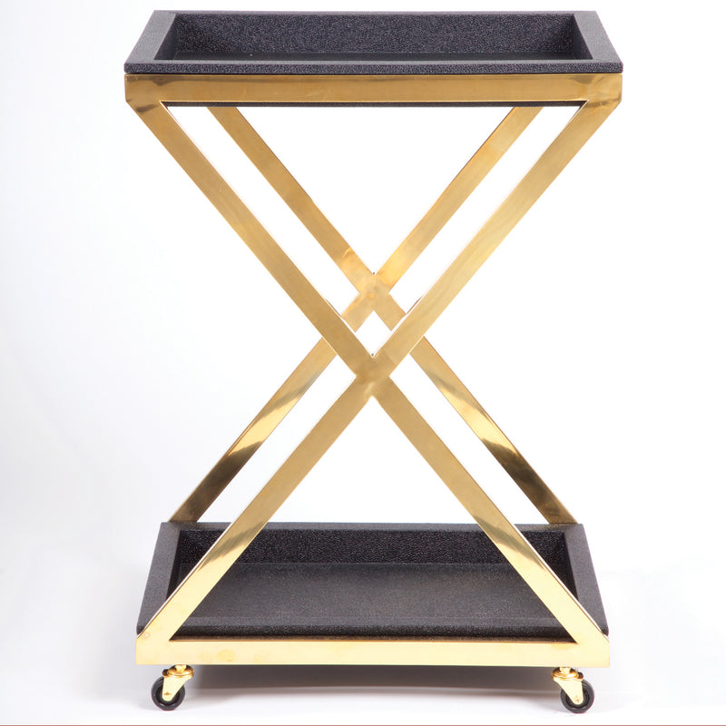 Black and gold square bar cart with two tier trays and X-frame on caster wheels