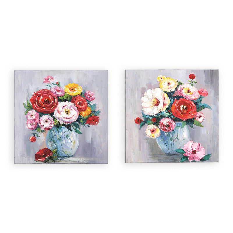 Set of two square wall art prints with colorful rose bouquets in light blue vases