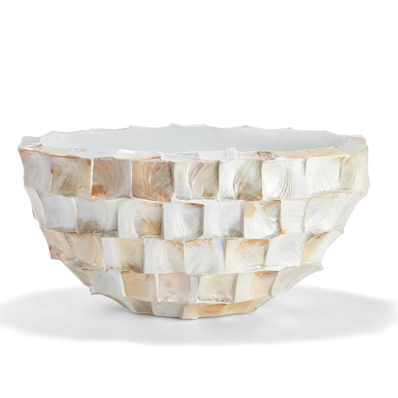 Mother-of-Pearl tiles oval planter, mosaic shell bowl with iridescent white and cream finish