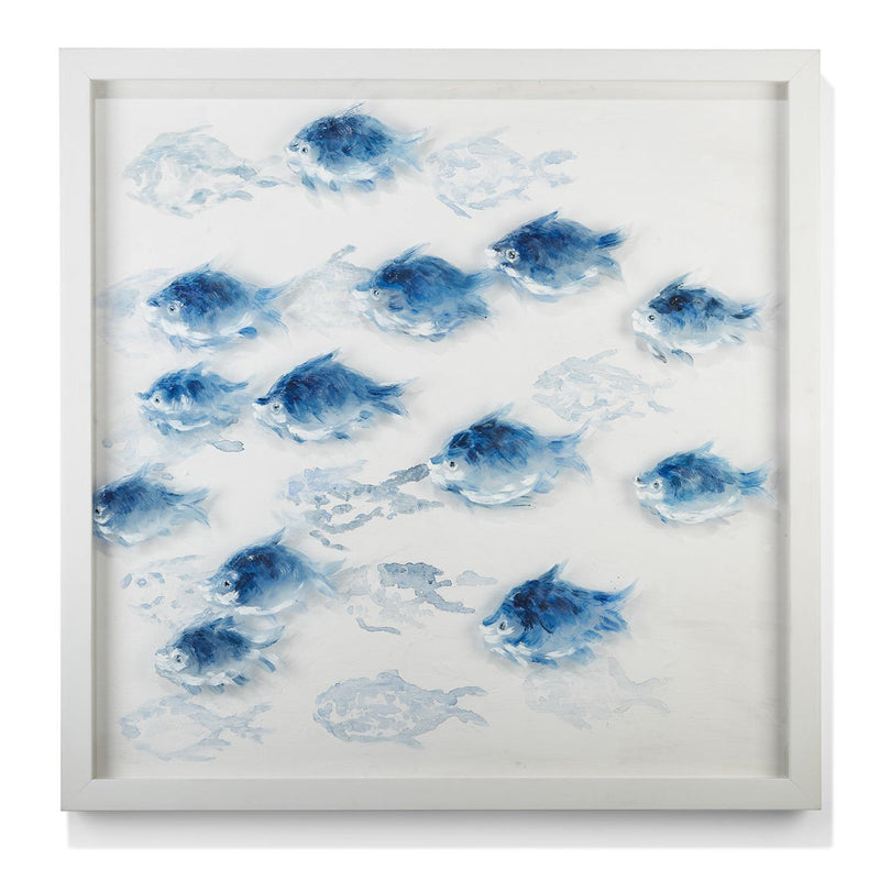 Framed wall art with watercolor-style blue fish illustration