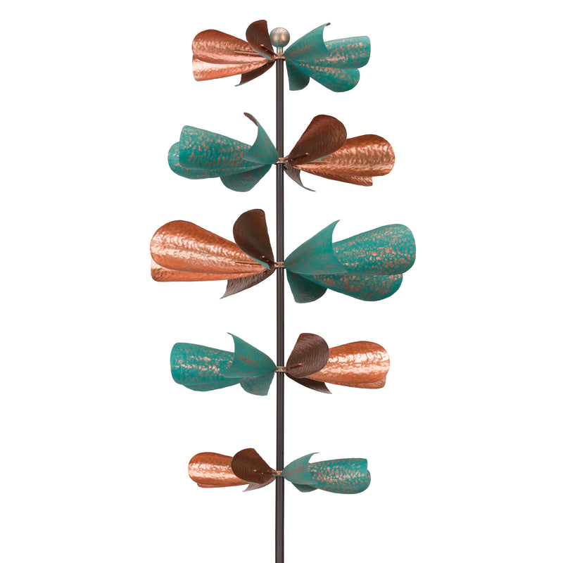 Metal outdoor wind spinner with copper and teal propeller-style blades on pole