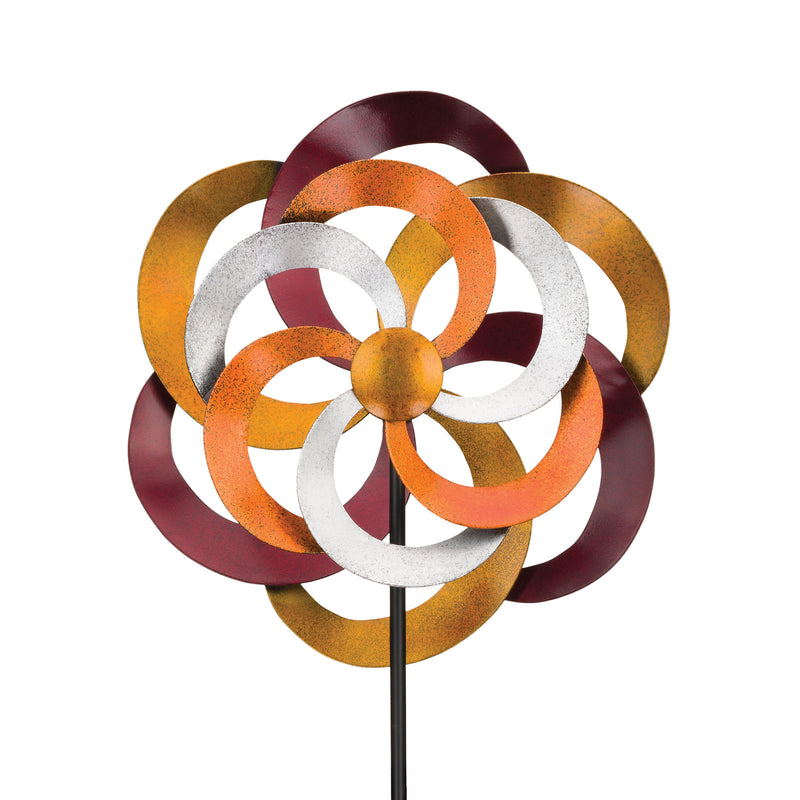 Metal outdoor wind spinner flower with orange, gold, burgundy and gray swirl discs