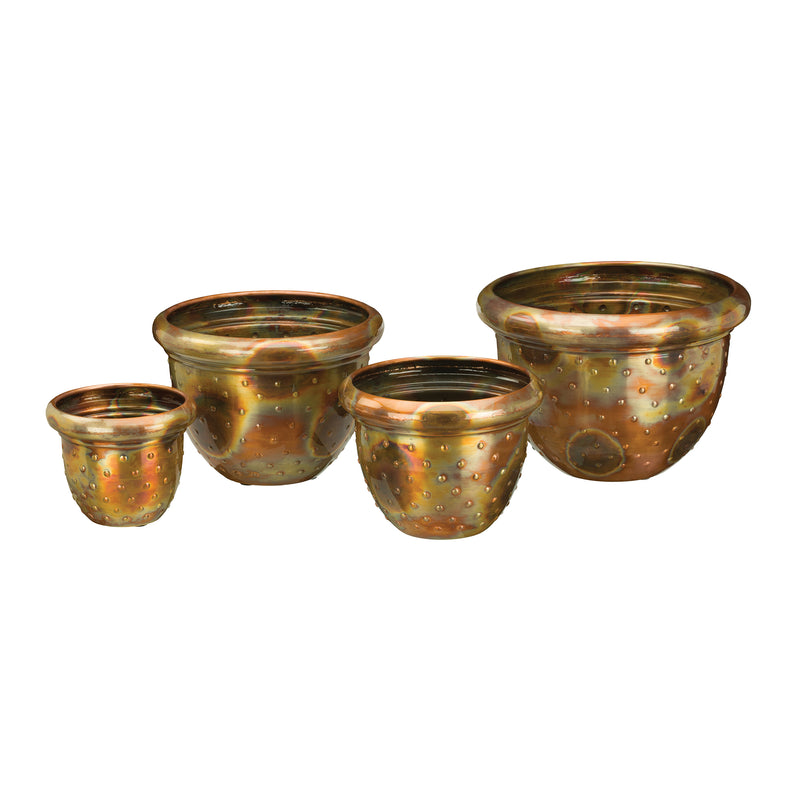 Set of 4 outdoor nesting planters with flamed dot pattern, amber-brown finish